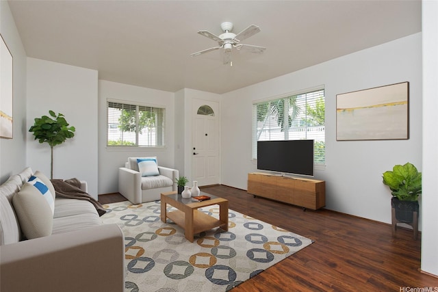 living room featuring wood finished floors, ceiling fan, and plenty of natural light