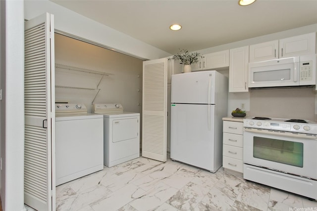kitchen with recessed lighting, marble finish floor, light countertops, white appliances, and washing machine and dryer