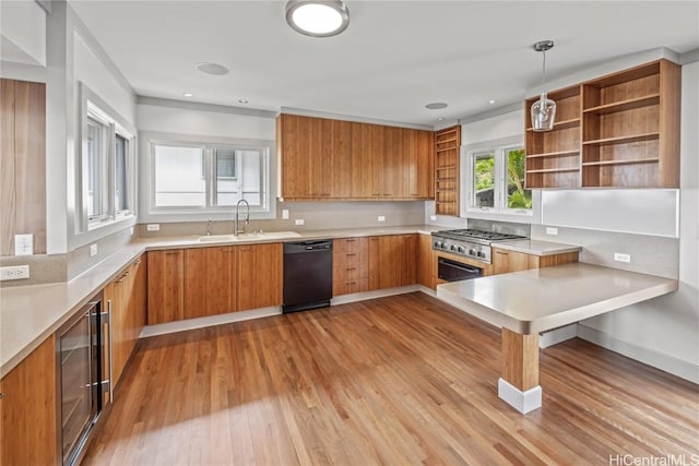 kitchen featuring stainless steel gas cooktop, wine cooler, black dishwasher, a sink, and open shelves