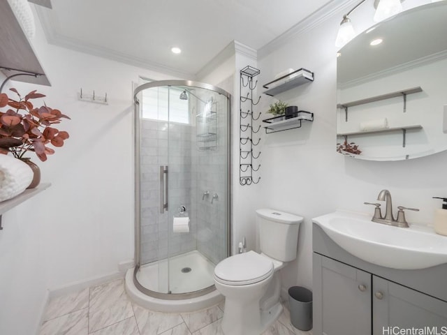 bathroom with toilet, ornamental molding, a stall shower, marble finish floor, and vanity