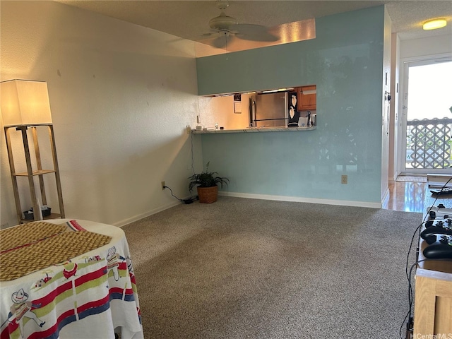 94-203 Paioa Pl Unit P201, Waipahu, HI 96797 - kitchen with freestanding refrigerator, ceiling fan, and carpet flooring