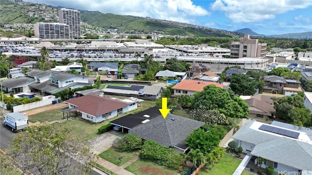 drone / aerial view featuring a mountain view
