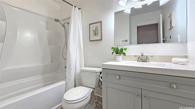 full bath featuring shower / bath combo, toilet, and vanity