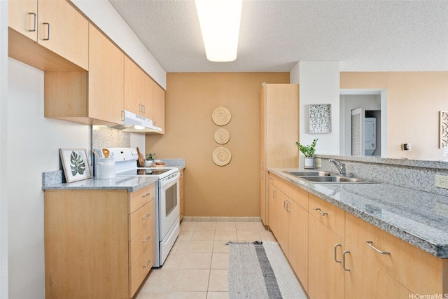 1315 Kalakaua Ave Unit 1903, Honolulu, HI 96826 - kitchen with white range with electric cooktop, light brown cabinets, a sink, a textured ceiling, and light tile patterned floors