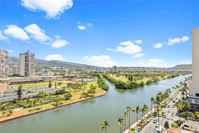 aerial view featuring a water view and a view of city