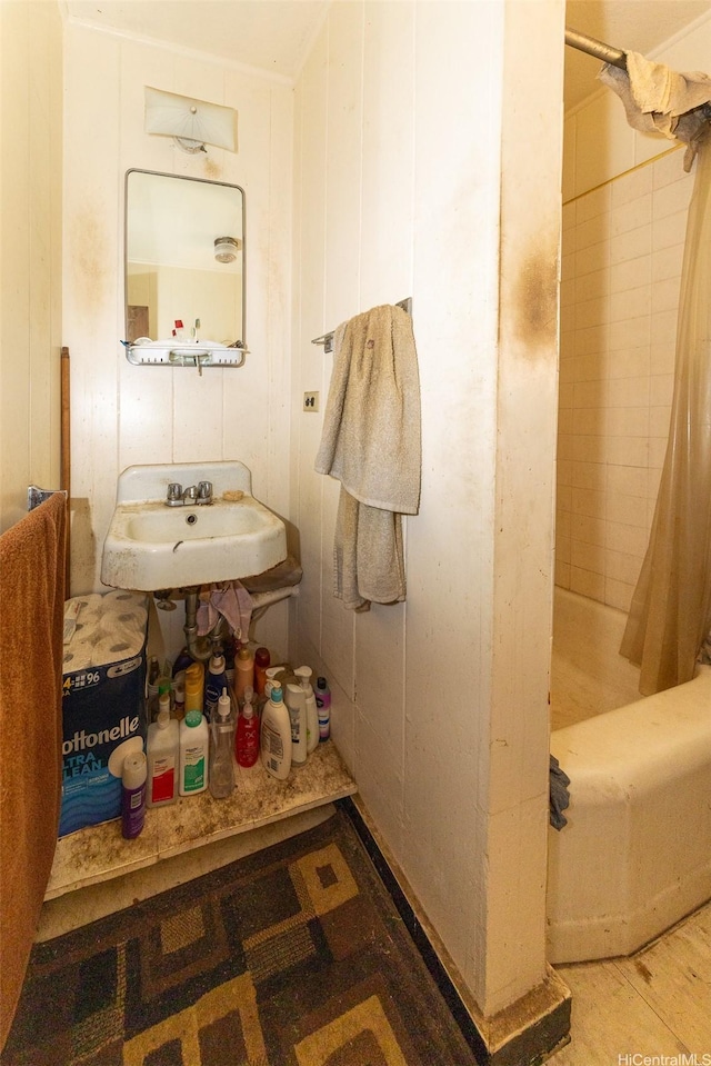 bathroom featuring wood finished floors and a sink