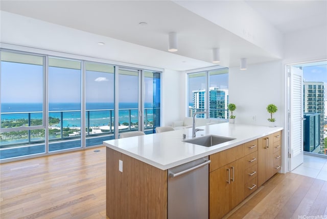 kitchen with dishwasher, light wood finished floors, a sink, a water view, and light countertops