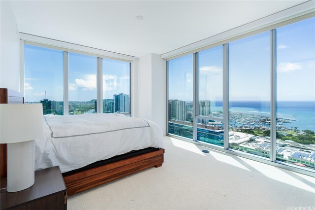 629 Keeaumoku St Unit 3801, Honolulu, HI 96814 - bedroom with a view of city, multiple windows, carpet floors, a water view, and a wall of windows