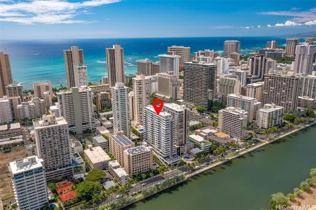 2421 Ala Wai Blvd Unit Ph1, Honolulu, HI 96815 - drone / aerial view featuring a water view and a view of city