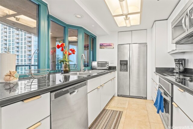 1888 Kalakaua Ave Unit 1705, Honolulu, HI 96815 - kitchen featuring appliances with stainless steel finishes, a sink, dark countertops, white cabinets, and recessed lighting