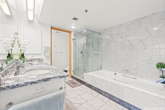 1888 Kalakaua Ave Unit 1705, Honolulu, HI 96815 - full bath featuring marble finish flooring, a shower stall, a garden tub, and double vanity