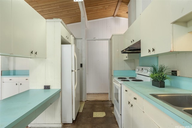 kitchen featuring lofted ceiling with beams, white appliances, wood ceiling, light countertops, and under cabinet range hood