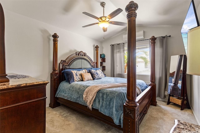 bedroom featuring a ceiling fan, lofted ceiling, a wall mounted AC, and light carpet