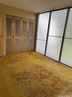 unfurnished bedroom featuring a closet, carpet, and a textured ceiling