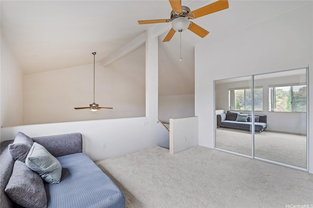 95-996 Wikao St Unit P302, Mililani, HI 96789 - carpeted living area with high vaulted ceiling, a ceiling fan, and beam ceiling