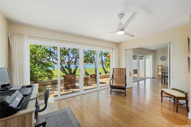 215 Koko Isle Cir Unit 5502, Honolulu, HI 96825 - home office with a ceiling fan and light wood-style floors