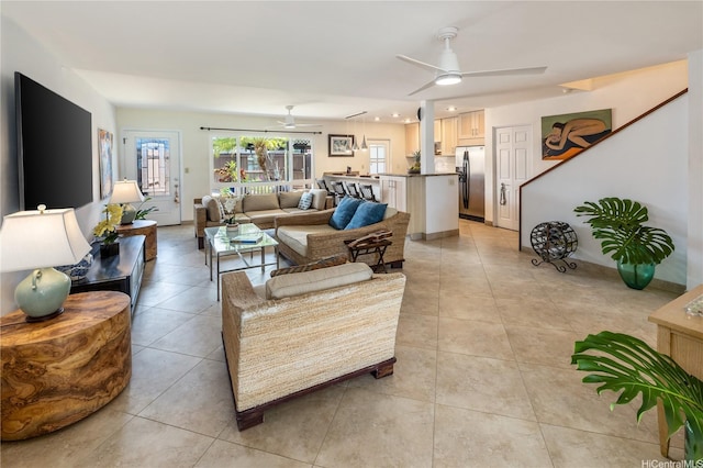 215 Koko Isle Cir Unit 5502, Honolulu, HI 96825 - living area featuring a ceiling fan, light tile patterned floors, and recessed lighting