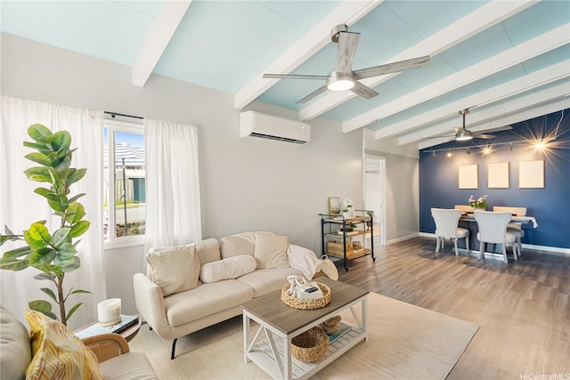 45-563 Kukane St, Kaneohe, HI 96744 - living room with a wall mounted AC, ceiling fan, wood finished floors, beamed ceiling, and baseboards