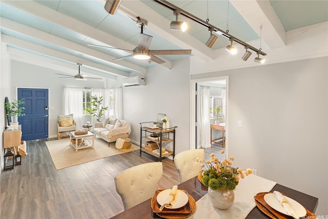 45-563 Kukane St, Kaneohe, HI 96744 - living room featuring a wall mounted AC, ceiling fan, wood finished floors, track lighting, and baseboards