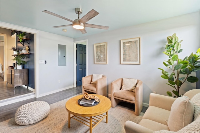 45-563 Kukane St, Kaneohe, HI 96744 - living area featuring electric panel, baseboards, wood finished floors, and a ceiling fan