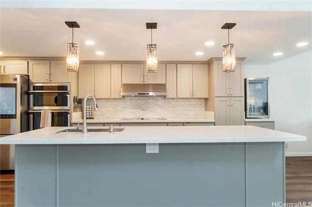 kitchen featuring dark wood-style flooring, stainless steel appliances, under cabinet range hood, backsplash, and a sink