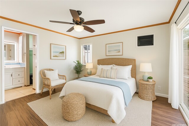91-1026B Hoomaka St Unit 35, Ewa Beach, HI 96706 - bedroom featuring wood finished floors, ornamental molding, baseboards, ensuite bath, and a ceiling fan