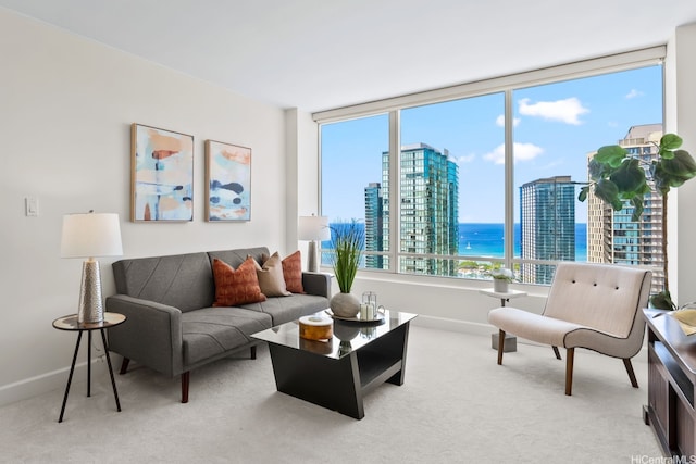 1009 Kapiolani Blvd Unit 3708, Honolulu, HI 96814 - living room featuring healthy amount of natural light, carpet floors, and a water view