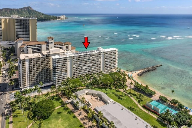 aerial view featuring a water view and a city view