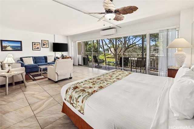 bedroom with multiple windows, access to exterior, a wall mounted AC, and a ceiling fan