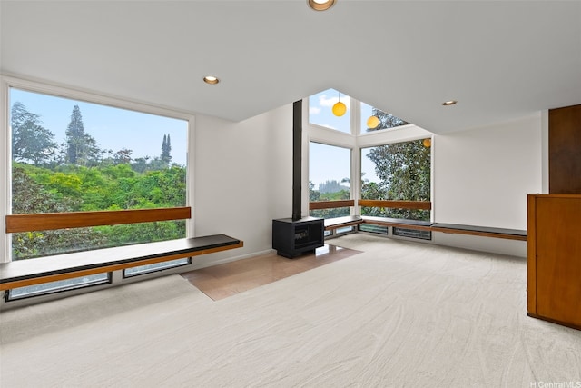 156 Forest Ridge Way, Honolulu, HI 96822 - sitting room with a wood stove, recessed lighting, and carpet floors