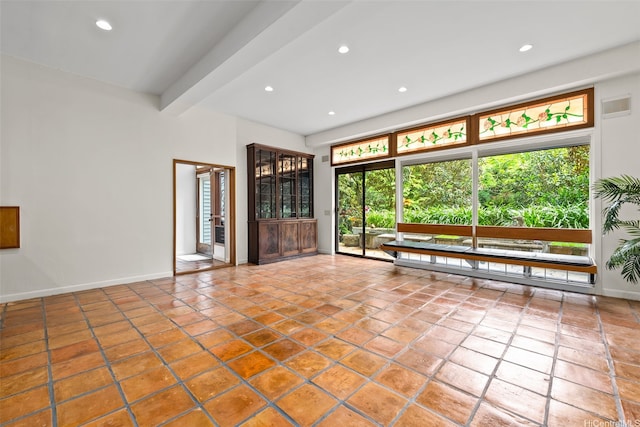 156 Forest Ridge Way, Honolulu, HI 96822 - unfurnished living room featuring recessed lighting, beamed ceiling, and tile patterned flooring