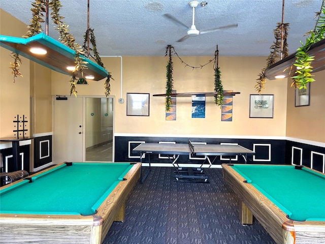 2240 Kuhio Ave Unit 2405, Honolulu, HI 96815 - recreation room with billiards table, carpet floors, ceiling fan, a textured ceiling, and wainscoting