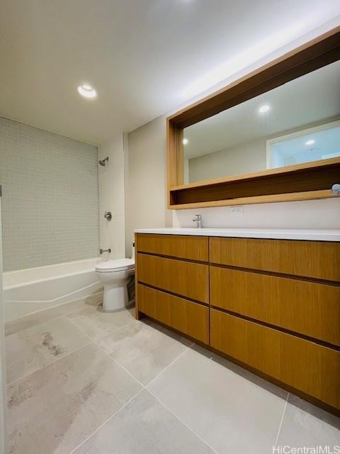 full bathroom with vanity, toilet, tub / shower combination, and tile patterned flooring