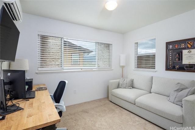 home office with a wall mounted AC and carpet floors