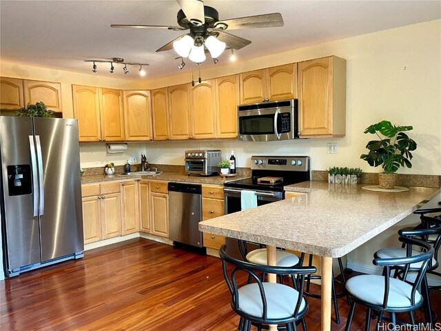 kitchen with a peninsula, stainless steel appliances, a kitchen breakfast bar, and light brown cabinetry