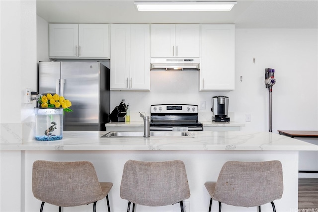 kitchen with light stone counters, under cabinet range hood, a breakfast bar area, appliances with stainless steel finishes, and a sink
