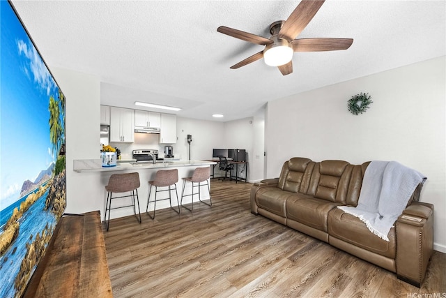 living room with a textured ceiling, wood finished floors, and ceiling fan