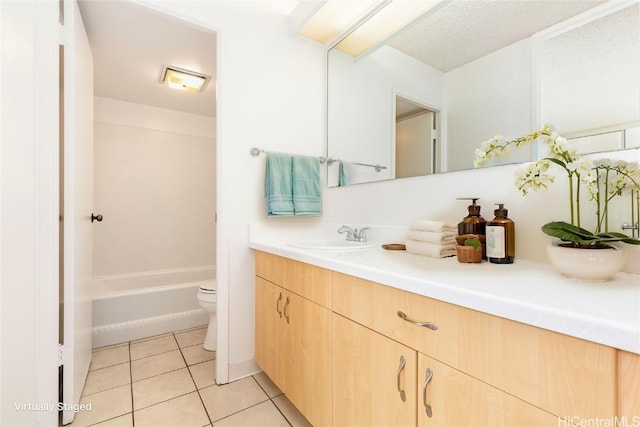 bathroom with tile patterned flooring, vanity, toilet, and a textured ceiling
