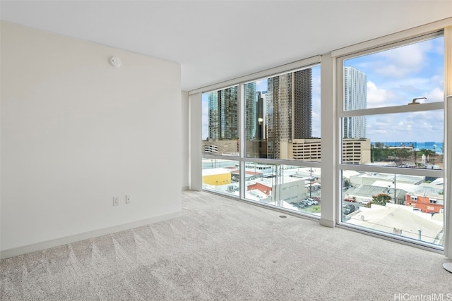 carpeted empty room with baseboards, expansive windows, a wealth of natural light, and a city view