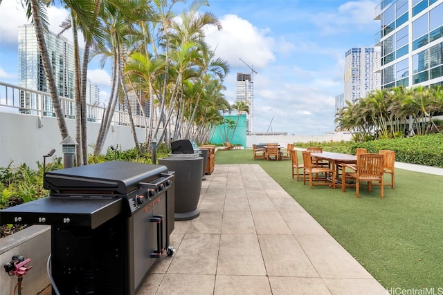 view of patio / terrace with a fenced backyard, grilling area, and a city view