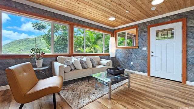 947 Uwao St Unit C, Honolulu, HI 96825 - living room with baseboards, ornamental molding, wooden ceiling, wood finished floors, and a mountain view