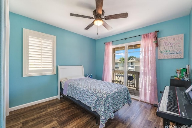 bedroom featuring ceiling fan, access to outside, baseboards, and wood finished floors
