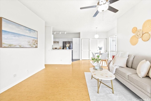 91-490 Puamaeole St Unit 46C, Ewa Beach, HI 96706 - living room featuring light wood-style floors, ceiling fan, and track lighting