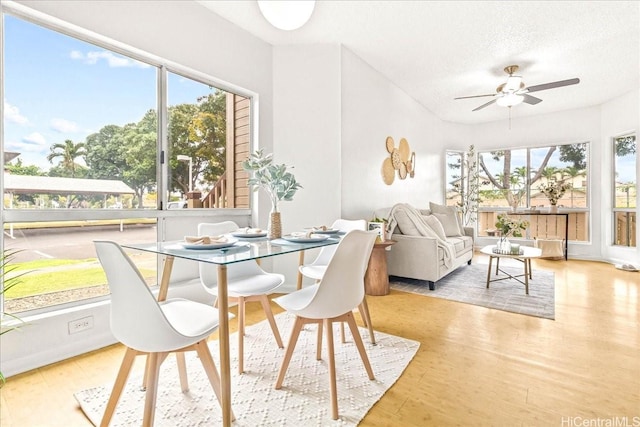 91-490 Puamaeole St Unit 46C, Ewa Beach, HI 96706 - dining area featuring healthy amount of natural light, ceiling fan, wood finished floors, and a textured ceiling