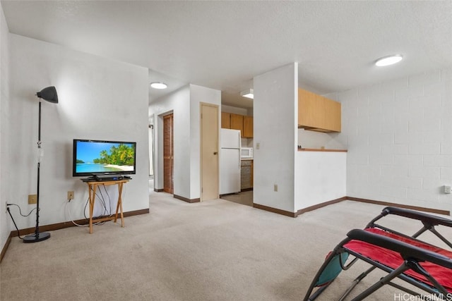 living area featuring baseboards, a textured ceiling, and light colored carpet