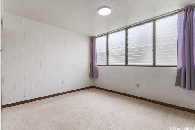carpeted spare room with baseboards, concrete block wall, and a textured ceiling