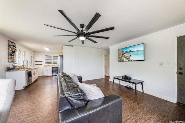 1924 10th Ave, Honolulu, HI 96816 - living area featuring attic access, ceiling fan, dark wood-type flooring, baseboards, and ornamental molding