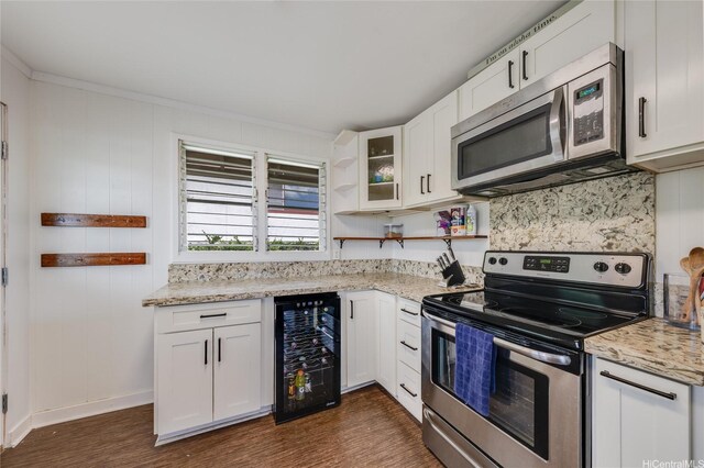 1924 10th Ave, Honolulu, HI 96816 - kitchen featuring appliances with stainless steel finishes, beverage cooler, dark wood finished floors, open shelves, and white cabinetry
