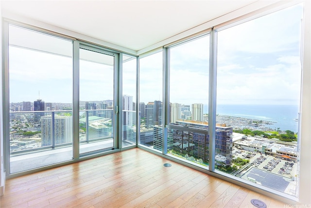 empty room featuring a view of city and wood finished floors