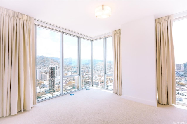 carpeted spare room featuring a mountain view, expansive windows, and a view of city